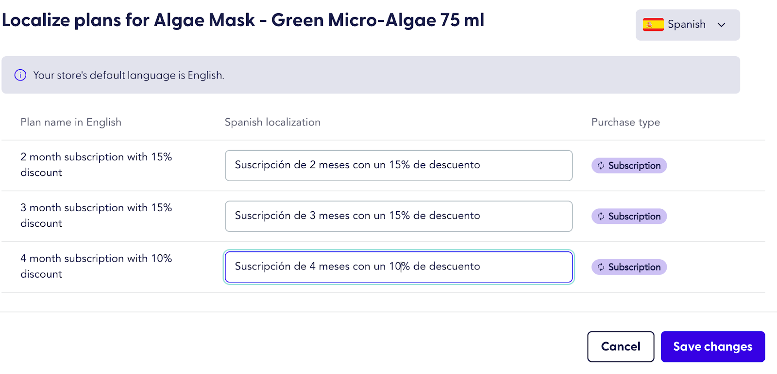 Recharge admin screen for localizing selling plans, showing Spanish translations for 2-, 3-, and 4-month subscription discounts for the Algae Mask product.