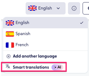 Language selection menu showing English, Spanish, French, and the Smart translations option powered by AI.