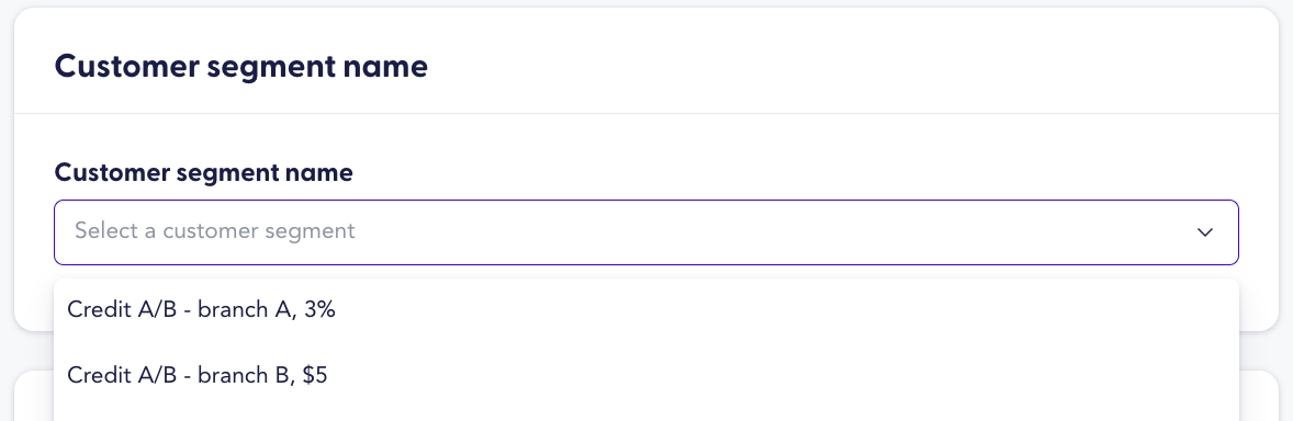 Dropdown menu labeled “Customer segment name” showing options including “Credit A/B - branch A, 3%” and “Credit A/B - branch B, $5.