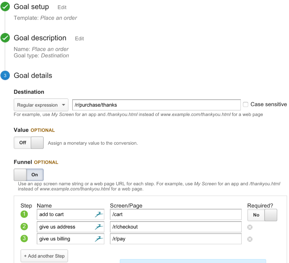 Example of a goal funnel set up for Recharge