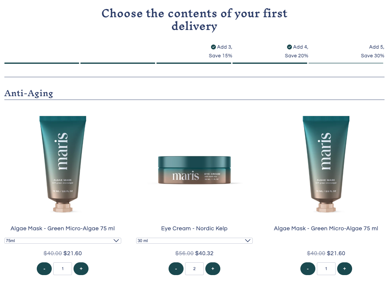 Product selection page showing three anti-aging skincare items, two Algae Masks and one Eye Cream—with options to adjust quantity, select size, and view discounted prices based on number of items added to the first delivery.