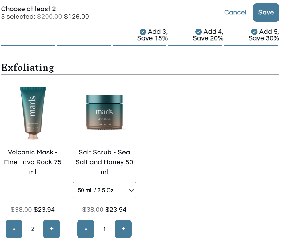 Bundles widget showing a tiered discount progression bar with tiers for adding more items (15%, 20%, 30%) and selected bundle products with discounted prices.