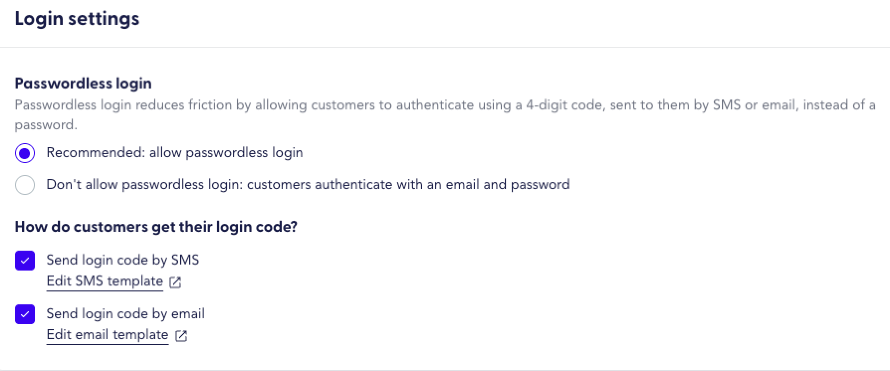 Login settings showing passwordless login enabled and options to send login codes by SMS, email, or both.