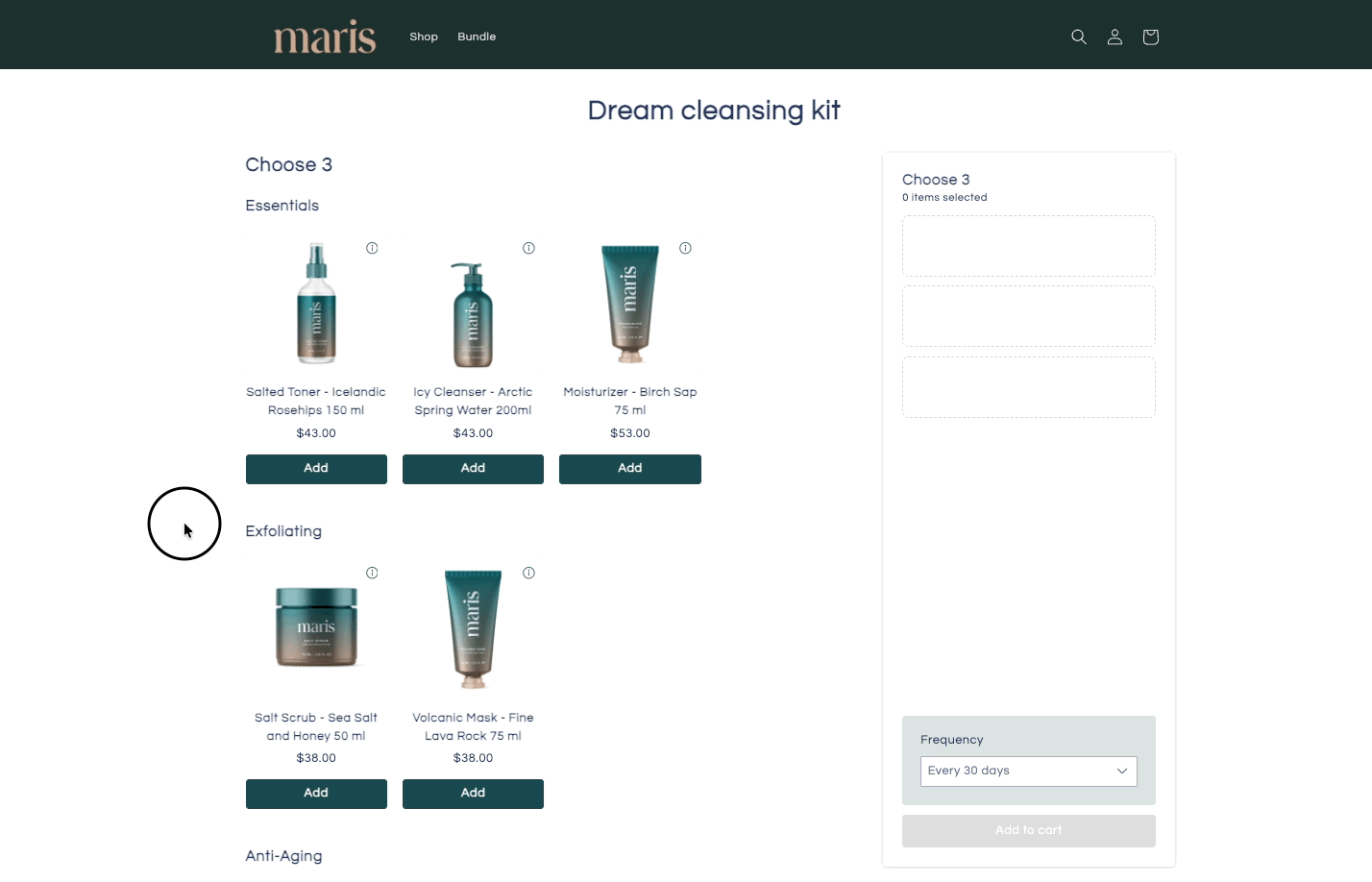 Bundles Widget 2.0 product page showing a customizable bundle where customers choose three products from categorized collections with a real-time selection summary and subscription frequency selector.