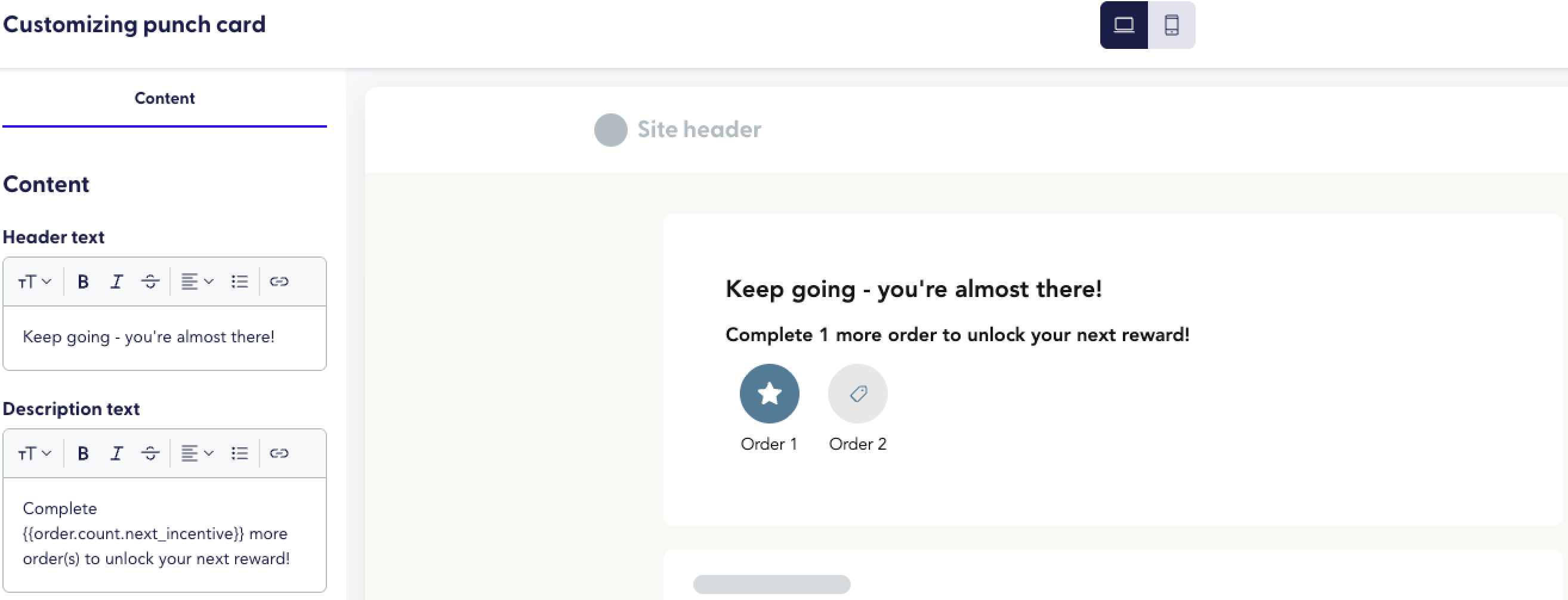 Punch card editor showing the live preview, text fields, icon settings, and image upload options.