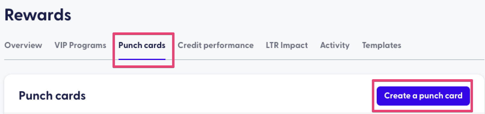 Rewards page with the Punch cards tab and Create a punch card button highlighted.