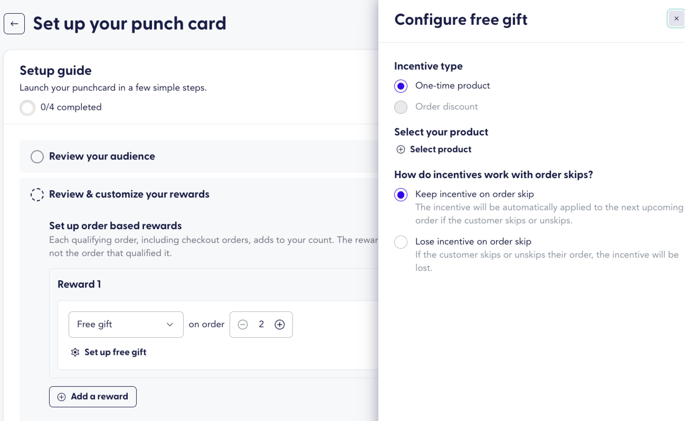 Reward setup section showing reward type options, order number selection, and reward configuration fields.