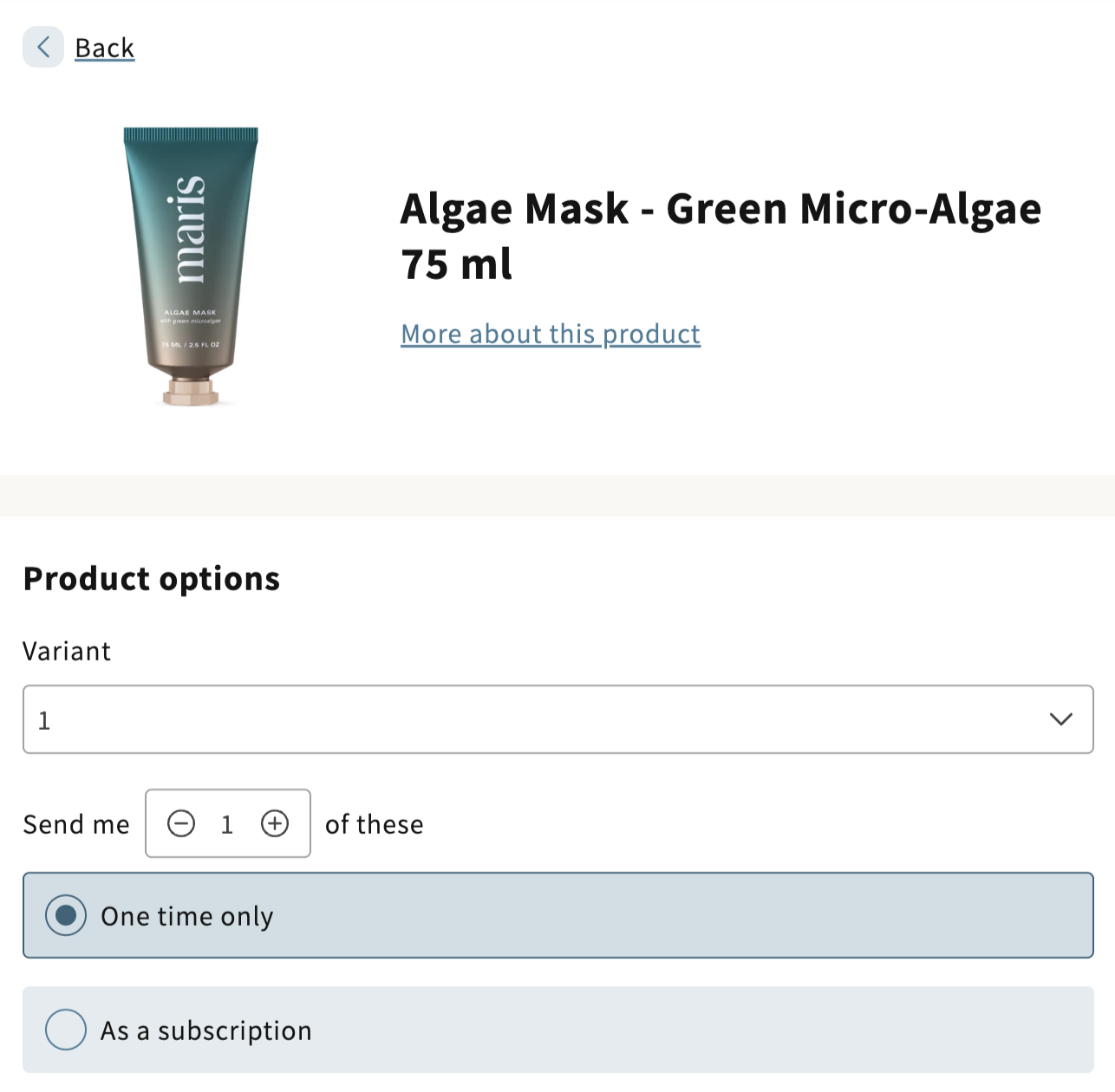 Example of a product available for purchase as a one-time product in the customer portal.