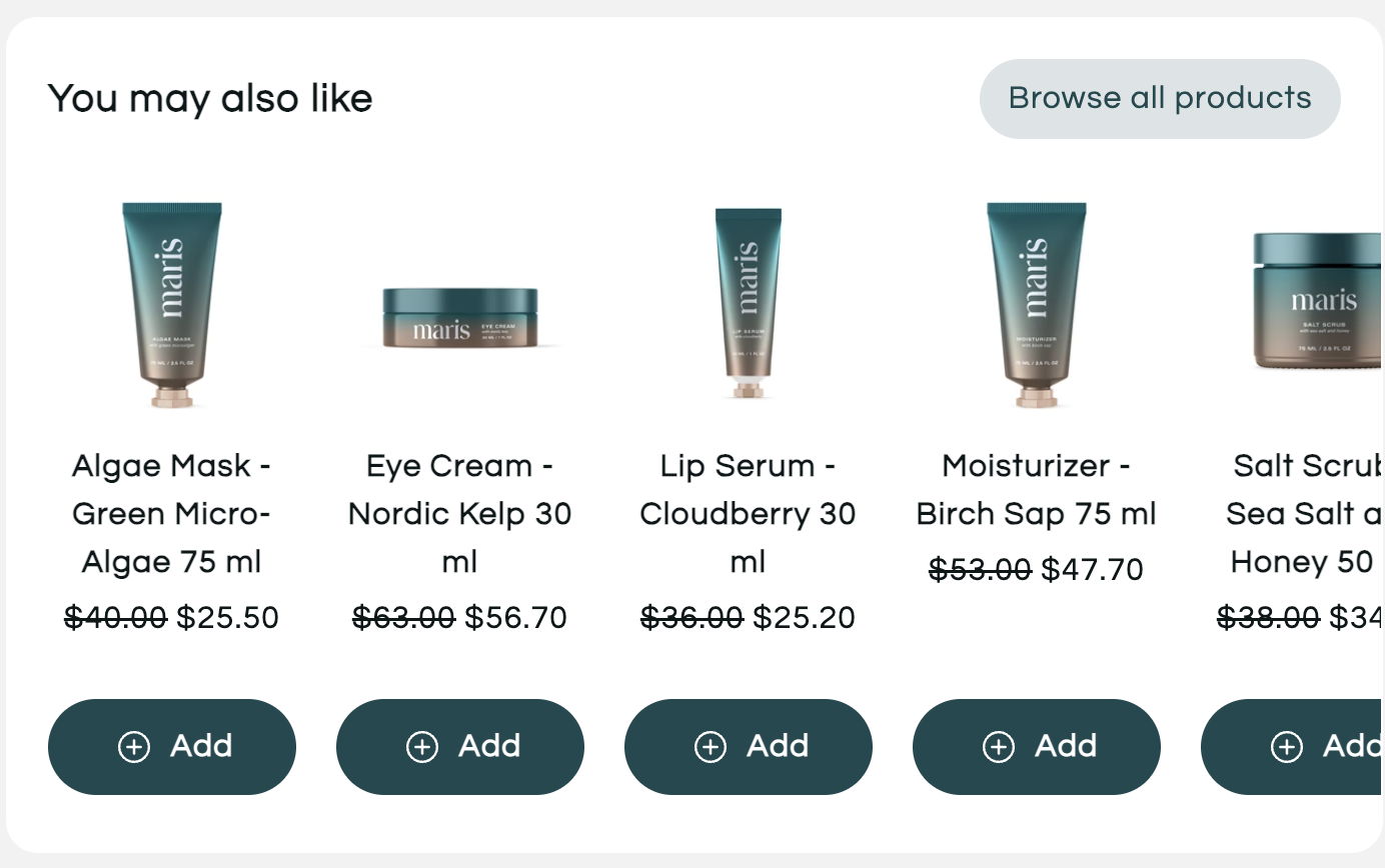 You may also like product carousel with discounted skincare items and Add buttons in the customer portal