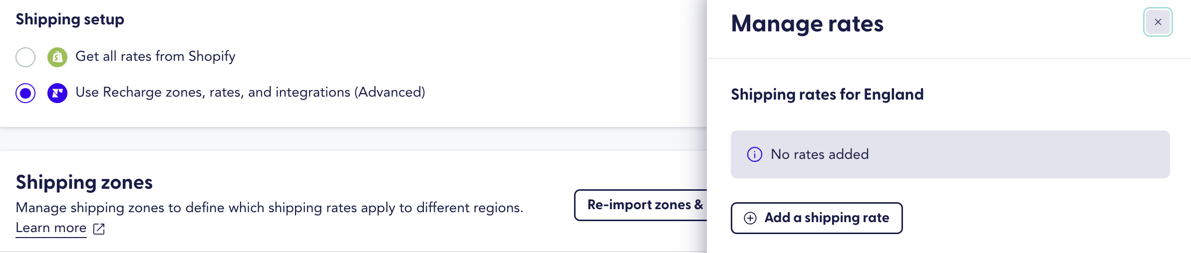 Shipping setup with "Use Recharge zones, rates, and integrations (Advanced)" selected, alongside a "Manage rates" panel for England showing no rates added.
