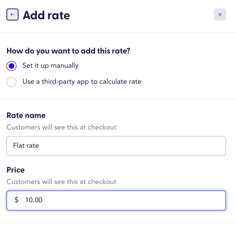 "Add rate" panel with "Set it up manually" selected, rate name set to "Flat rate" and price set to $10.00. 2 / 2