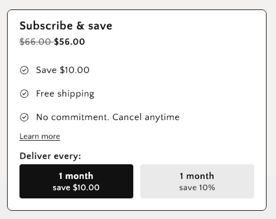 A subscribe-and-save widget showing a discounted price of $56.00 (down from $66.00) with benefits including $10.00 savings, free shipping, and no commitment, plus two monthly delivery options comparing a fixed $10.00 discount versus a 10% discount.