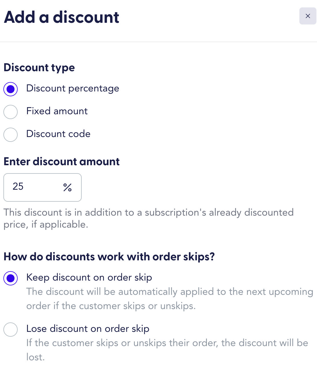 Discount node open in the flow builder showing a 25% discount that customers can keep if they skip their orders.