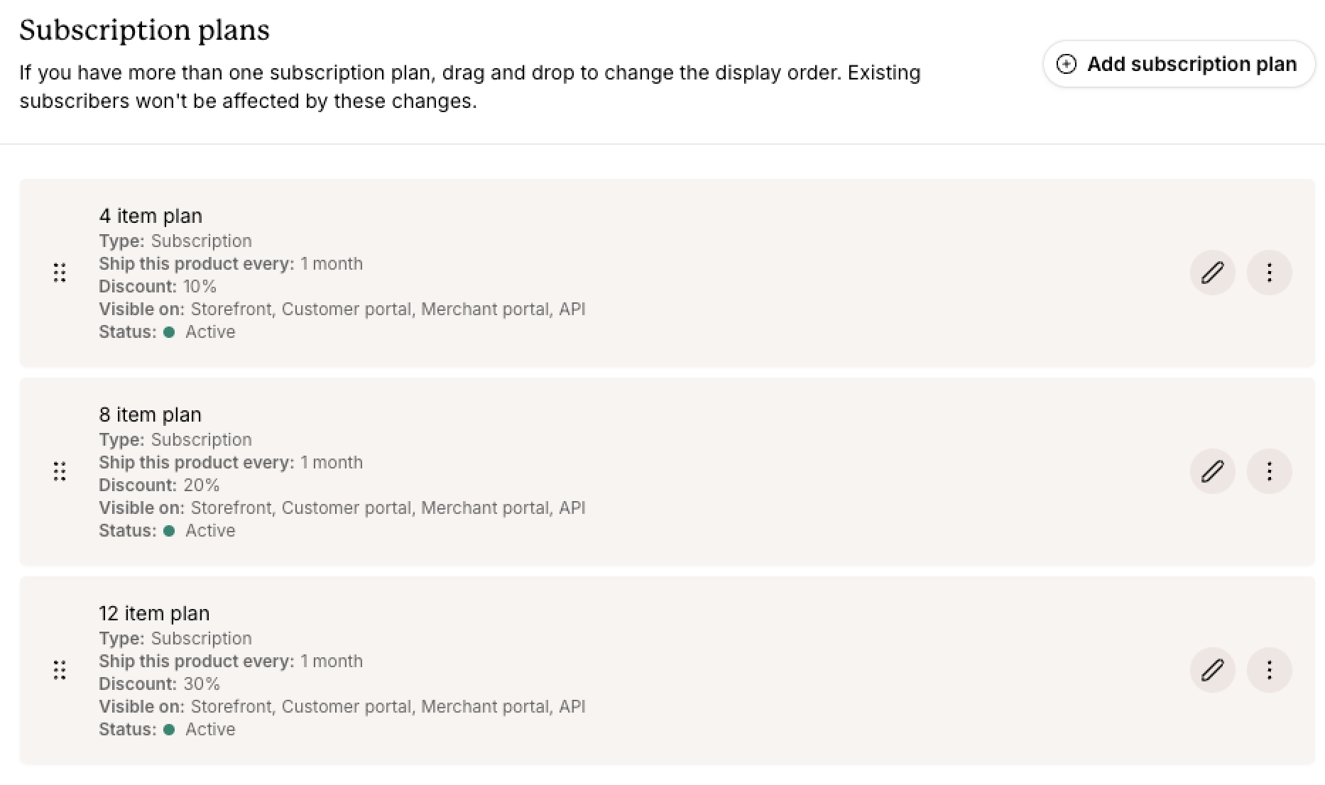 Example of the available subscription plans for a product in the Recharge merchant portal