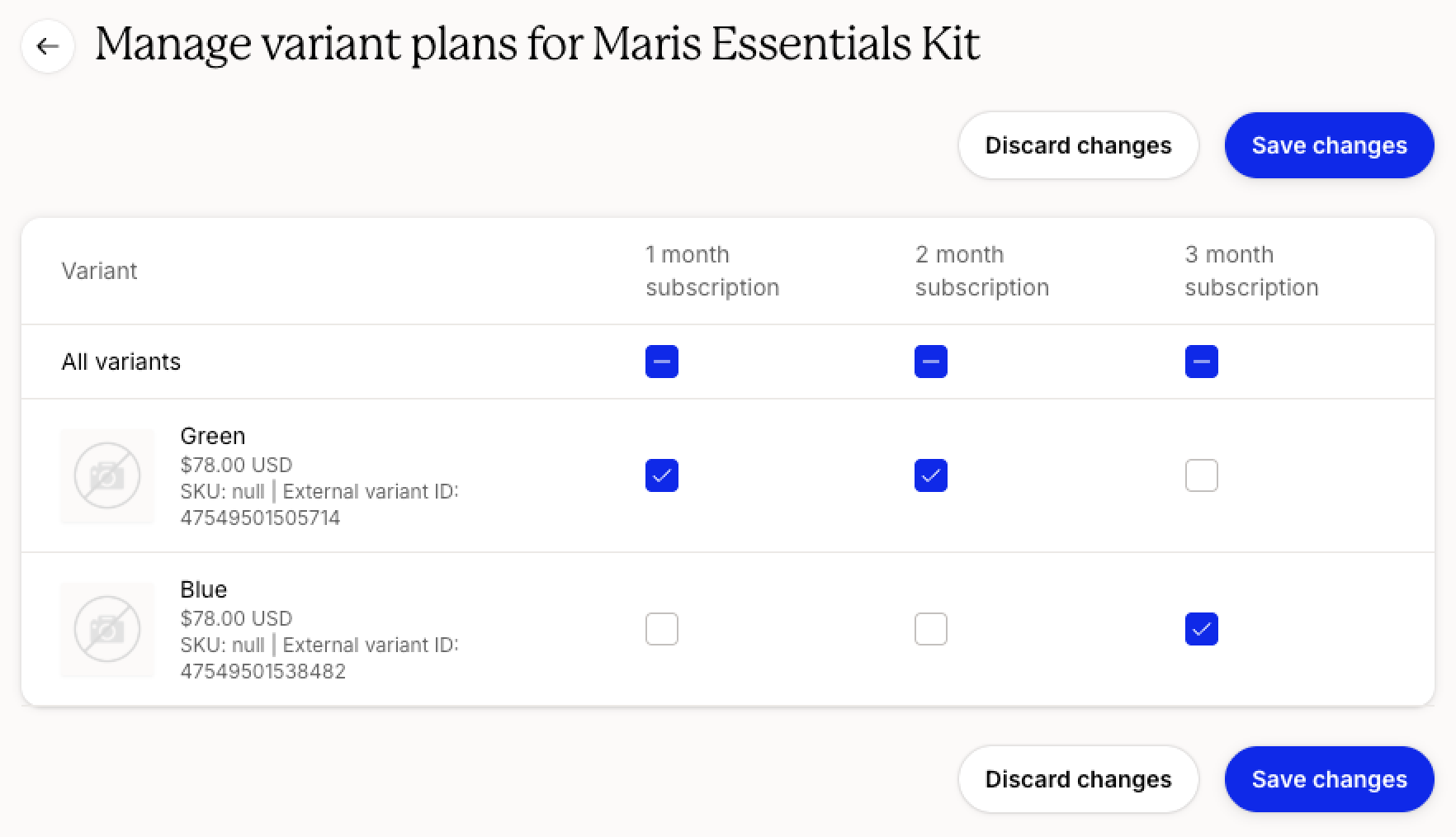 Manage variant plans page showing subscription plan eligibility checkboxes for Green and Blue product variants across 1-month, 2-month, and 3-month subscription options.