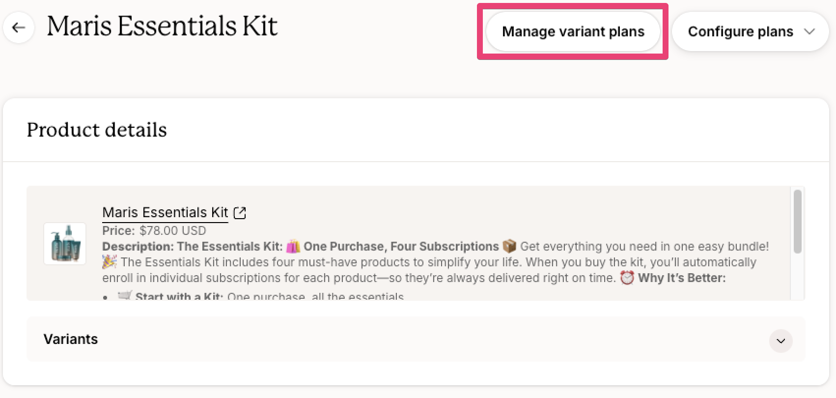 The Recharge merchant portal with the manage variant plans button highlighted