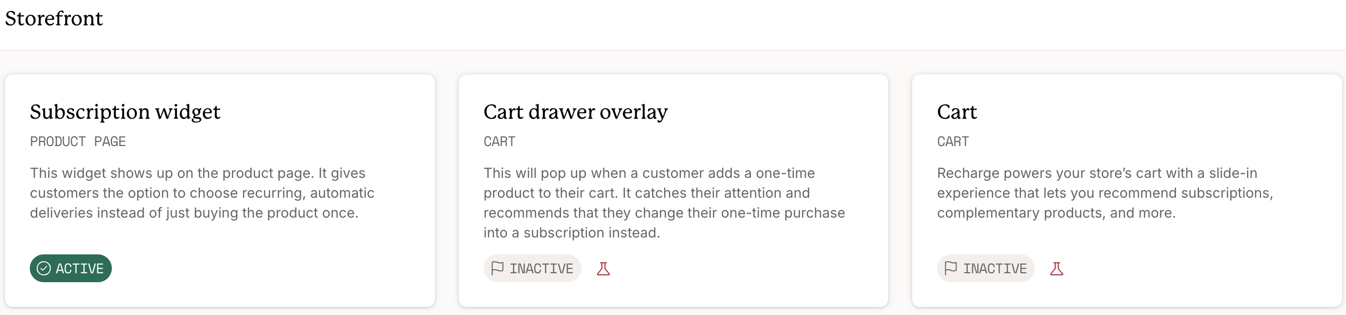 Storefront settings page showing the Subscription widget as active and the Cart drawer overlay and Cart features as inactive.