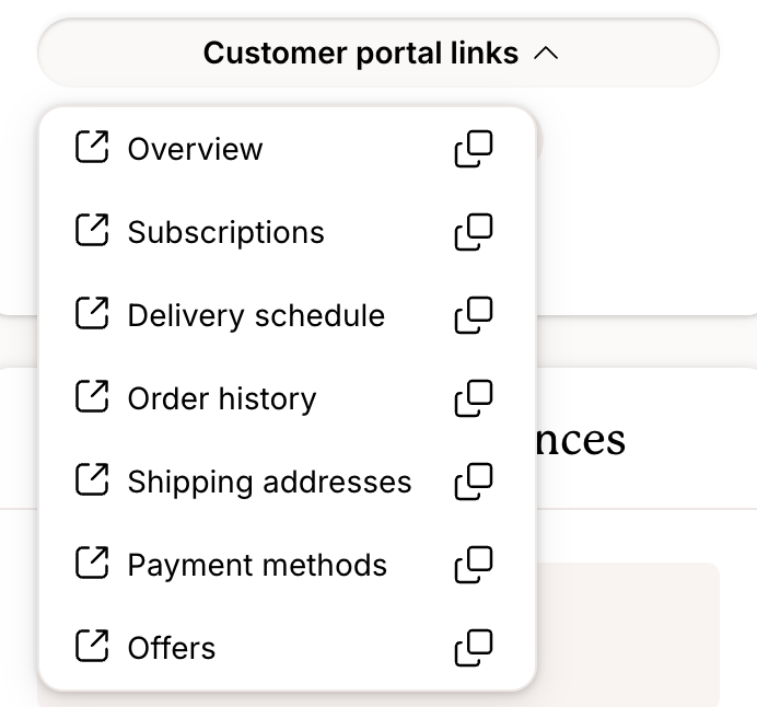 Customer portal links menu showing quick-access links and copy buttons for Overview, Subscriptions, Delivery schedule, Order history, Shipping addresses, Payment methods, and Offers pages.