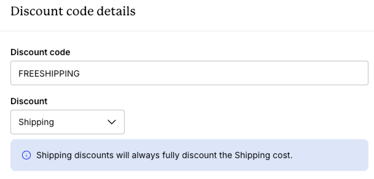 Discount code details page showing the discount code "FREESHIPPING" configured as a shipping discount, with a note that shipping discounts fully discount the shipping cost.