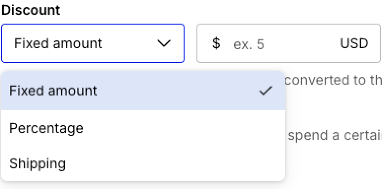 Discount configuration menu showing available discount types—Fixed amount, Percentage, and Shipping—with Fixed amount currently selected.