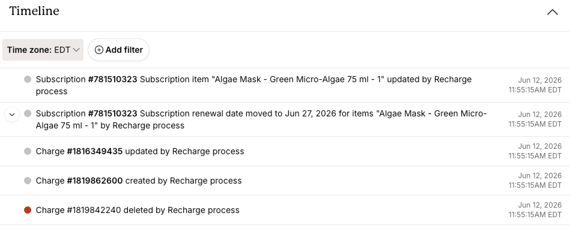 Timeline section showing a chronological history of subscription and charge events, including subscription updates, renewal date changes, charge creation, updates, and deletions, with timestamps displayed in the selected EDT time zone.
