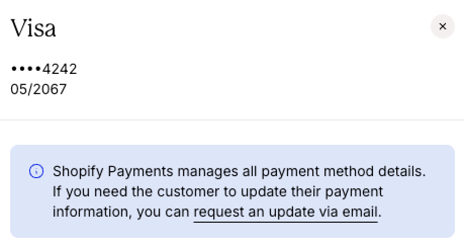 Payment method details dialog showing a Visa card ending in 4242 with an expiration date of 05/2067, along with a notice that Shopify Payments manages payment method details and can request customer payment updates by email.