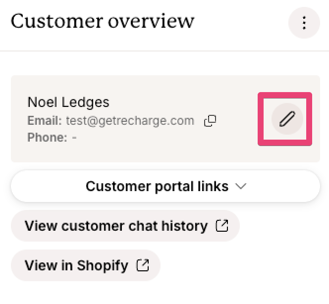 Customer overview section showing customer contact information, quick-access customer portal and Shopify links, and an edit button for updating customer details.