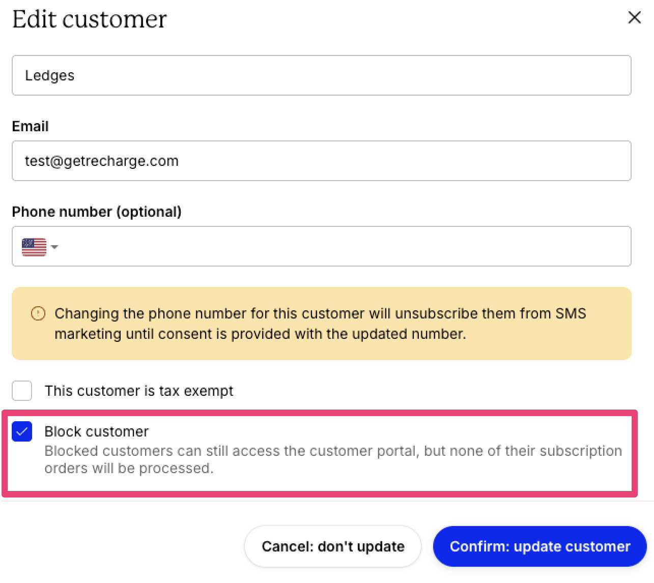 Edit customer dialog showing customer contact details and account settings, with the Block customer option enabled to prevent subscription orders from being processed while still allowing access to the customer portal.