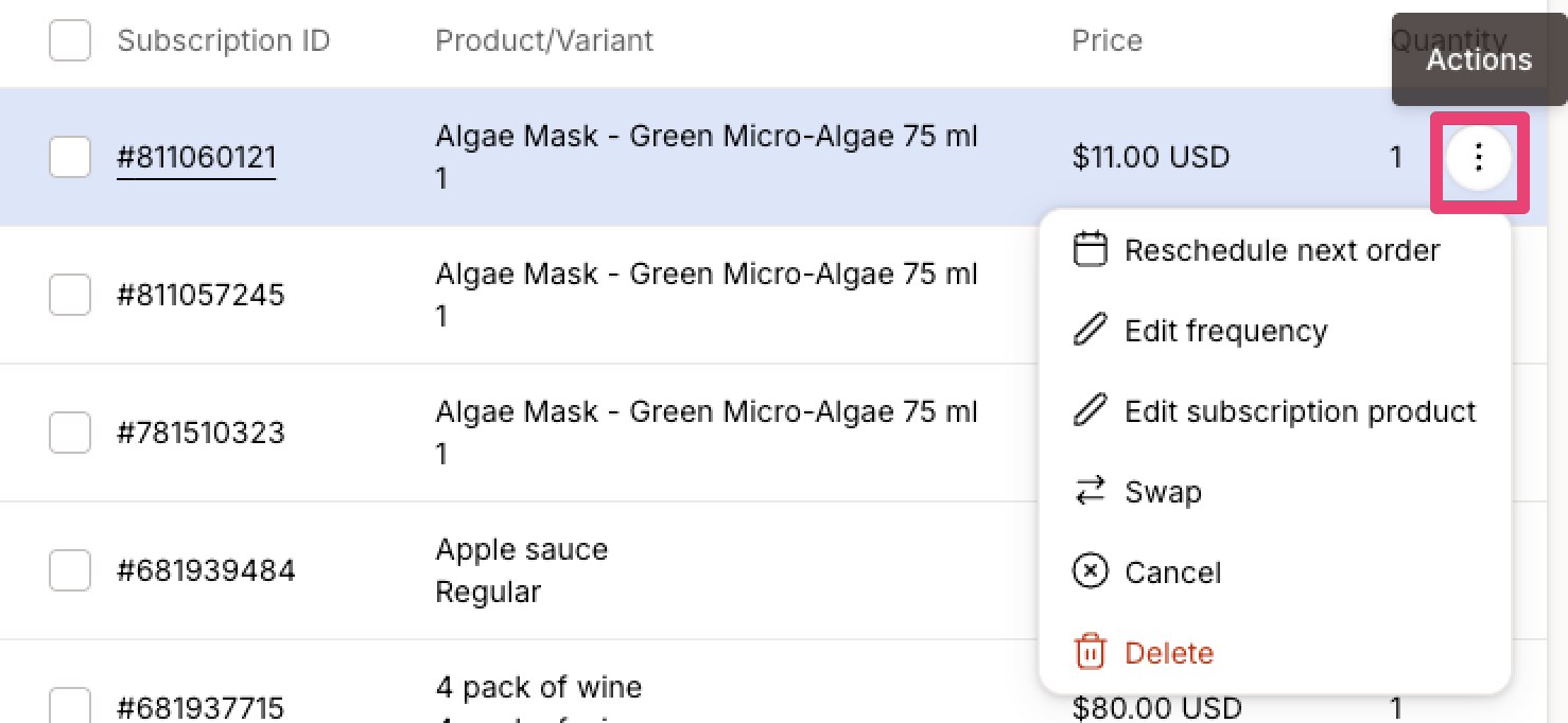 Subscriptions table showing a selected subscription with an actions menu open, offering options to reschedule the next order, edit frequency, edit the subscription product, swap products, cancel, or delete the subscription.