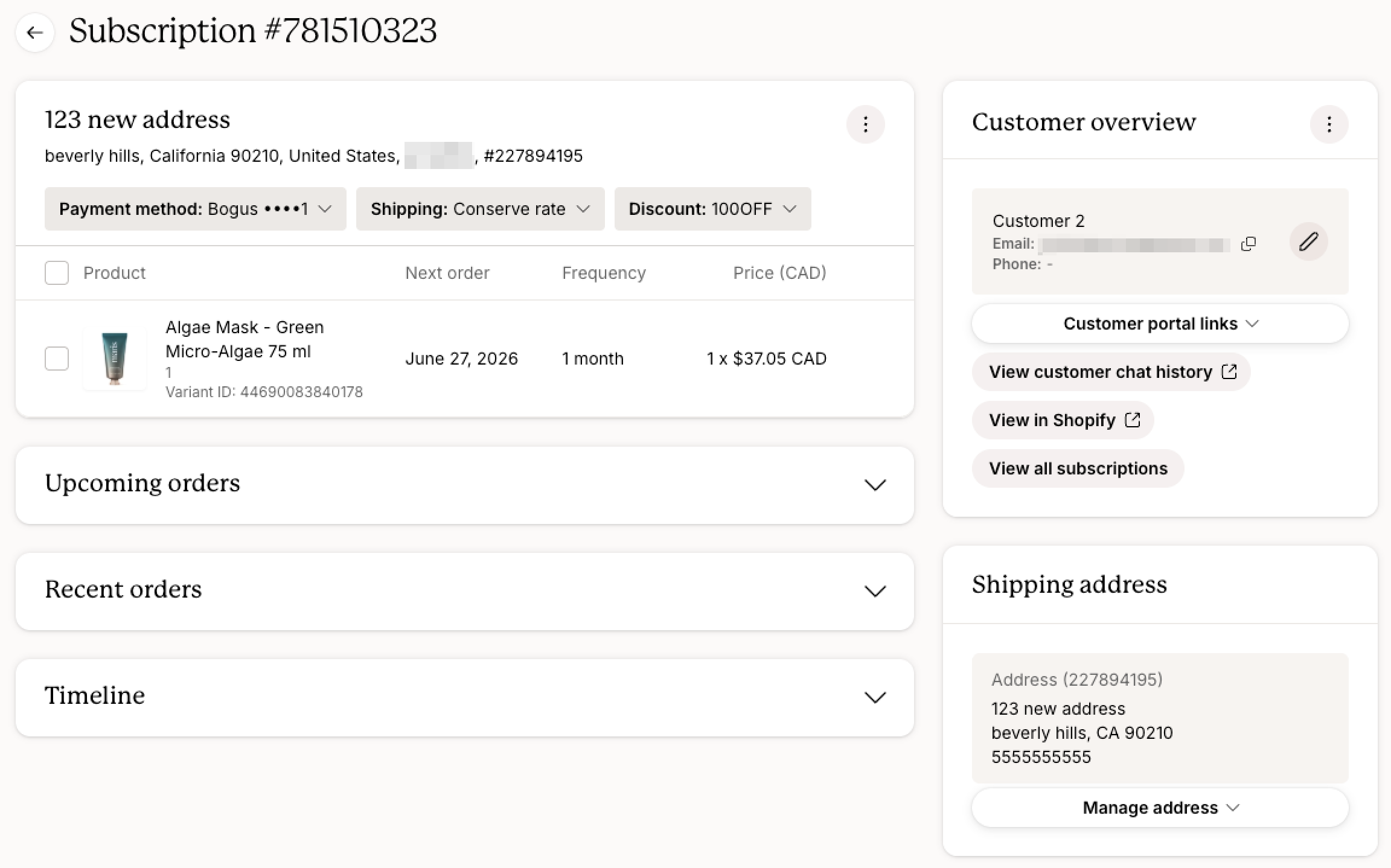 Subscription details page showing an active subscription with product information, next order date, frequency, payment method, shipping rate, and applied discount, alongside customer details, shipping address information, and expandable sections for upcoming orders, recent orders, and timeline history.