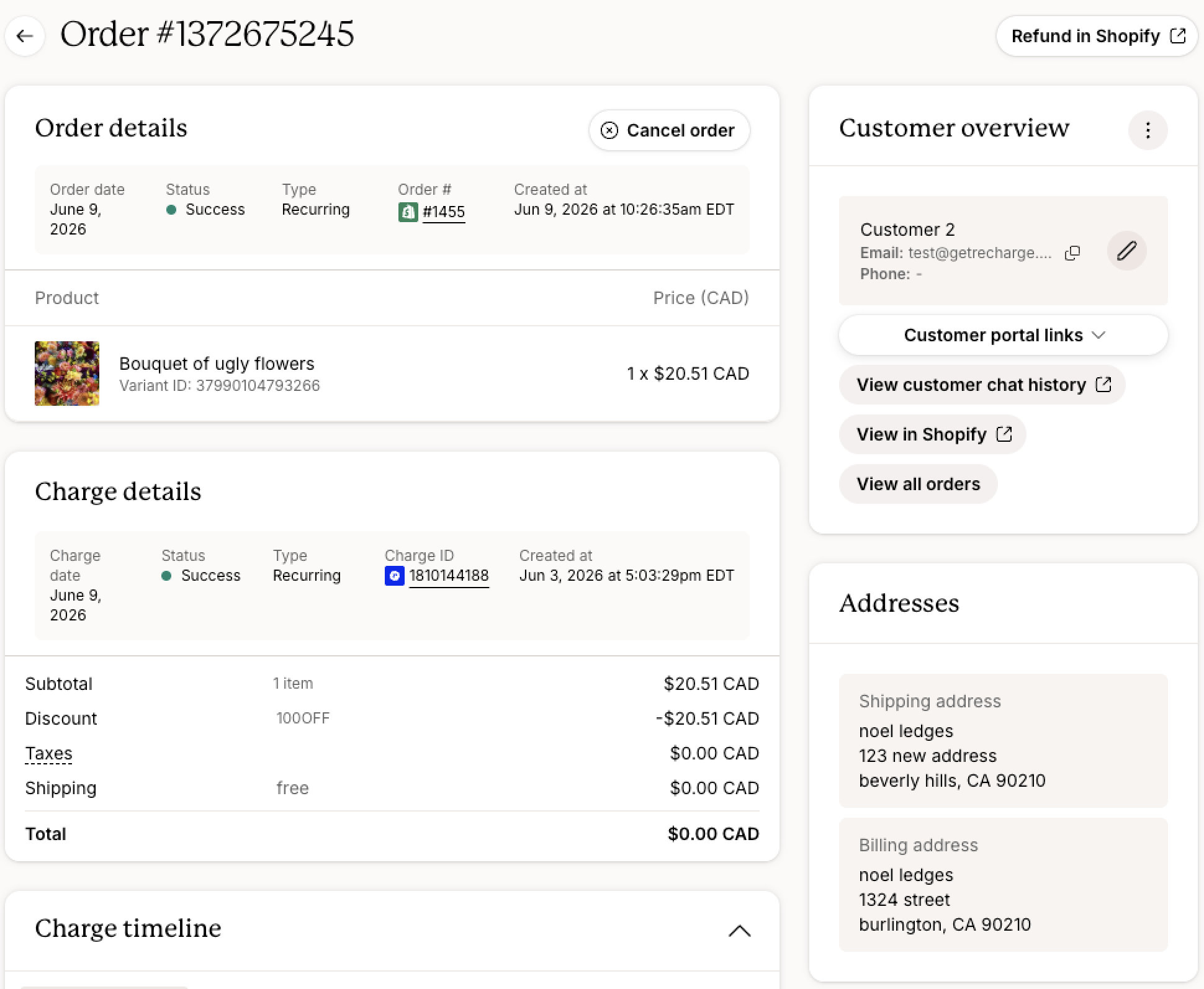 Order details page for a recurring order showing order and charge information, applied discount and total amount, customer overview, shipping and billing addresses, and options to refund in Shopify or cancel the order.