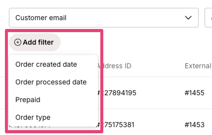 Orders page with the Processed tab selected and the Add filter menu open, showing available filter options for Order created date, Order processed date, Prepaid, and Order type.