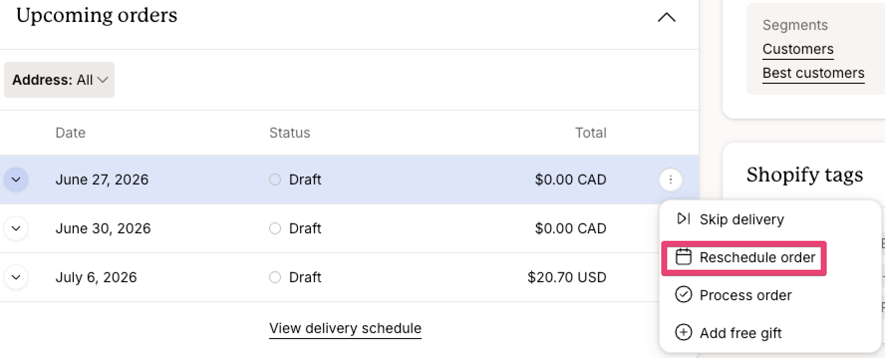 Upcoming orders section showing scheduled draft orders with delivery dates, statuses, and totals, alongside an actions menu highlighting the Reschedule order option and additional actions to skip delivery, process the order, or add a free gift.