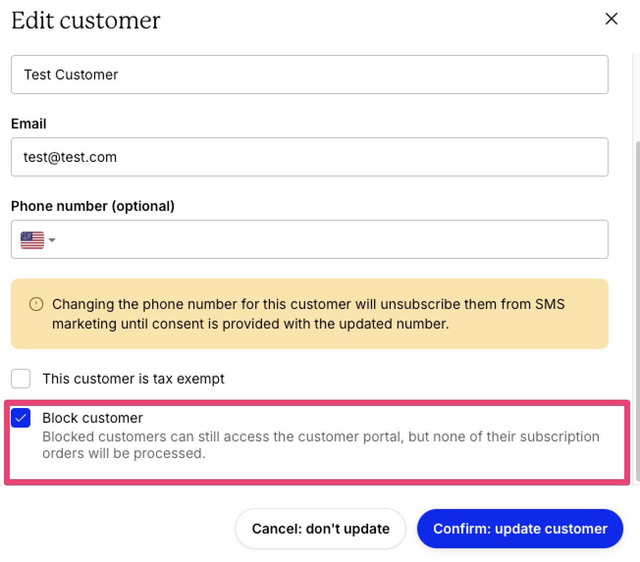 Edit customer dialog showing customer contact details and account settings, with the Block customer option enabled, preventing subscription orders from being processed while still allowing the customer to access the customer portal.