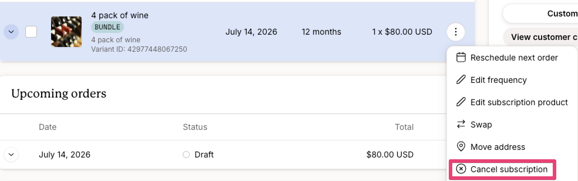 Subscription details page showing a bundle subscription with an actions menu open, highlighting the Cancel subscription option alongside actions to reschedule the next order, edit frequency, edit the subscription product, swap products, or move the subscription to a different address.