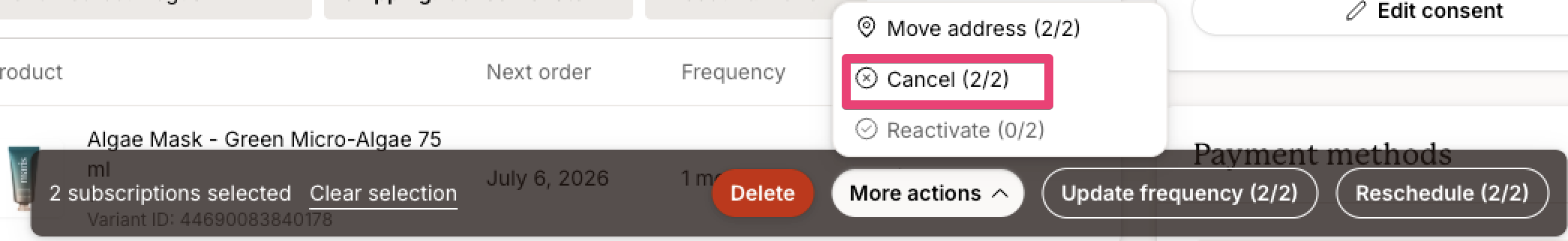 Bulk actions menu for selected subscriptions showing the Cancel (2/2) option highlighted, alongside options to move addresses or reactivate subscriptions, with controls to delete, update frequency, or reschedule the selected subscriptions.