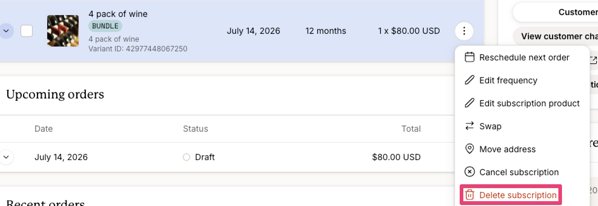 Subscription details page showing a bundle subscription with an actions menu open, highlighting the Delete subscription option alongside actions to reschedule the next order, edit frequency, edit the subscription product, swap products, move the subscription to a different address, or cancel the subscription.