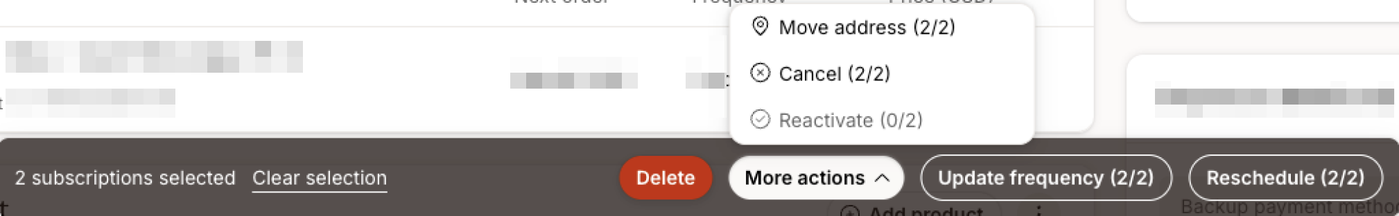 Bulk actions menu for 2 selected subscriptions showing options to Move address, Cancel, or Reactivate subscriptions, alongside controls to Delete, Update frequency, Reschedule, or clear the current selection.
