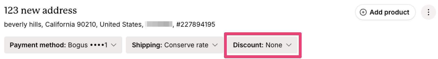 Subscription address details showing the selected payment method (Bogus ••••1), shipping rate (Conserve rate), and discount setting (None) with options to manage each.