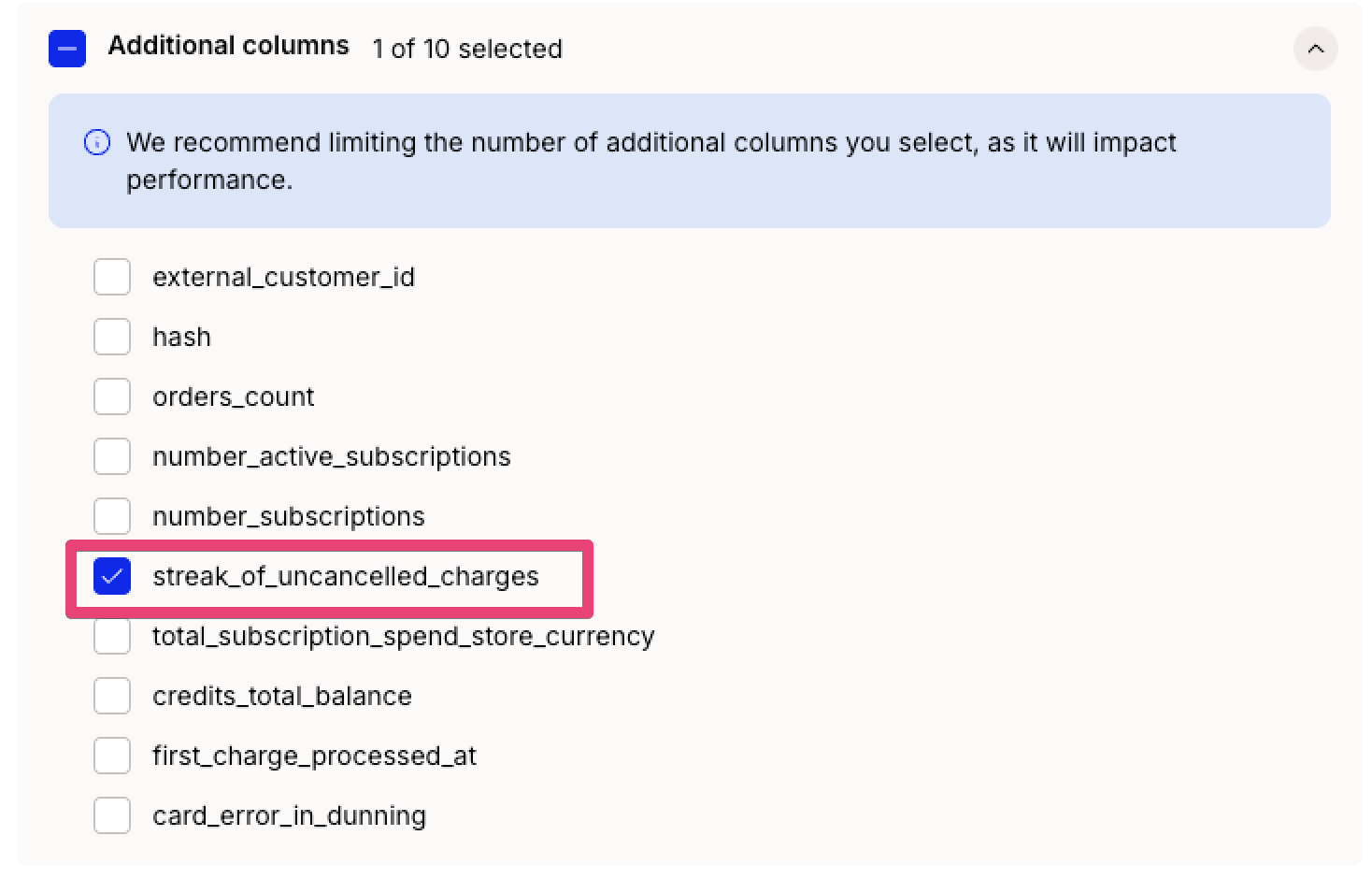 Additional columns settings showing streak_of_uncancelled_charges selected as the only chosen column out of 10 available optional customer export fields.