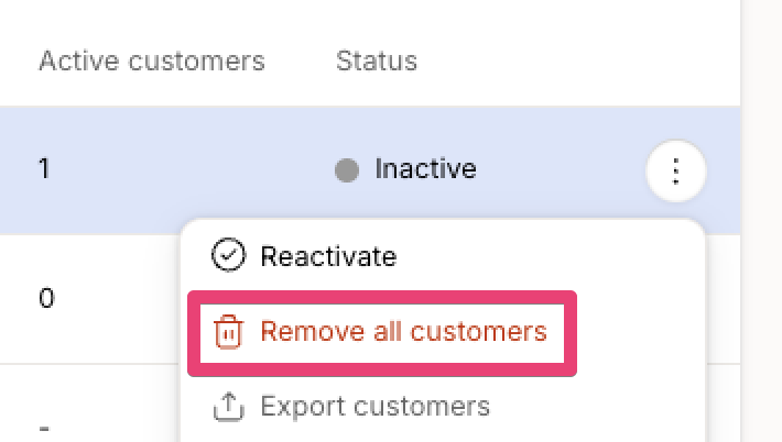 The three-dot menu for an inactive Win Back flow with Remove all customers highlighted.
