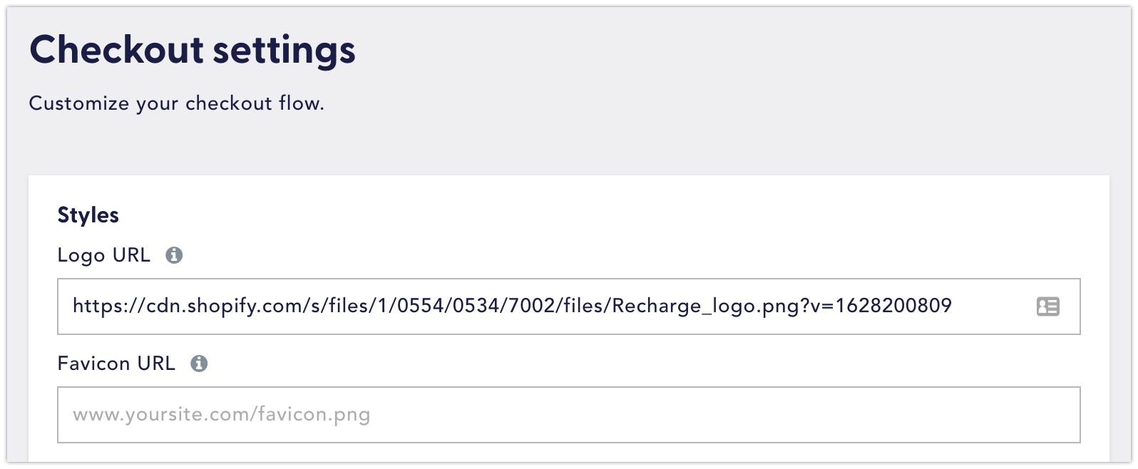 Recharge app user interface showing the checkout settings.