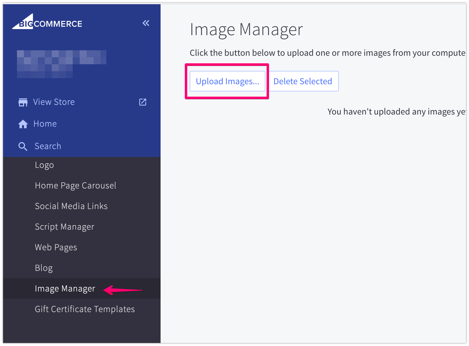 BigCommerce admin user interface showing the image manager.