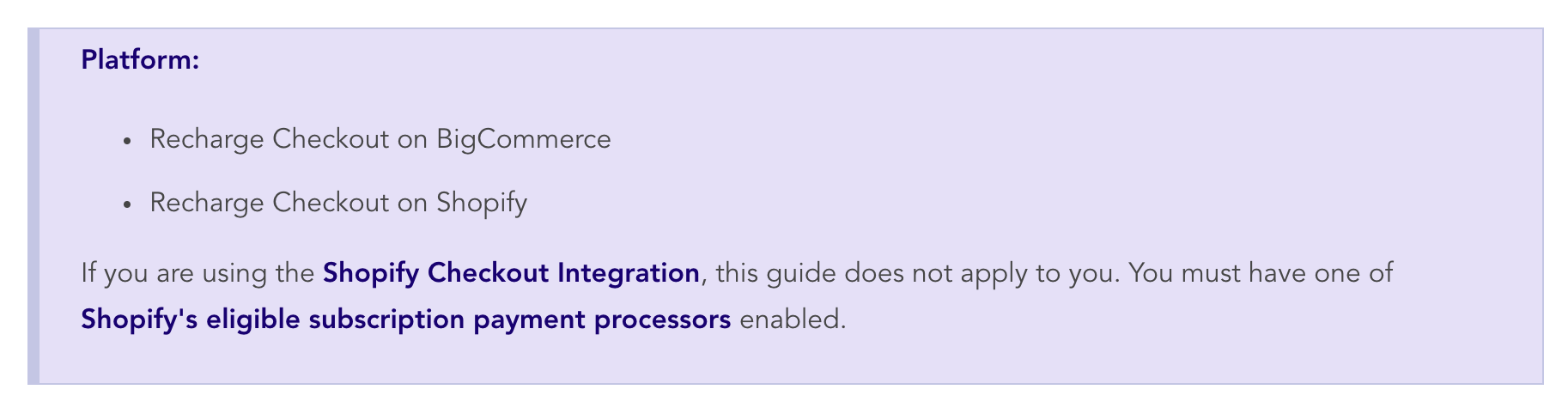 Platform compatibility callout in Recharge Help Center