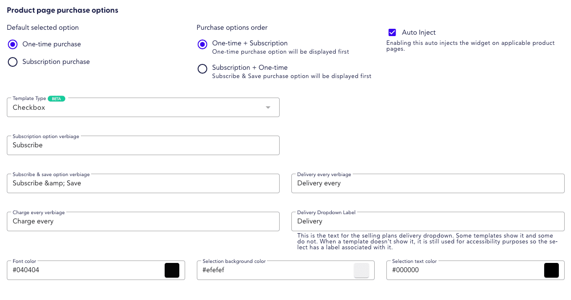 product page purchase options from subscription widget settings