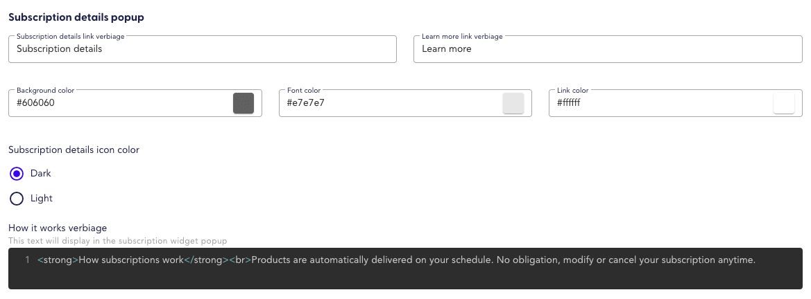 Subscription details popup settings