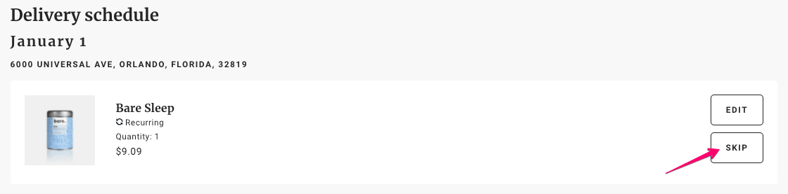 Skip shipment on the delivery schedule page