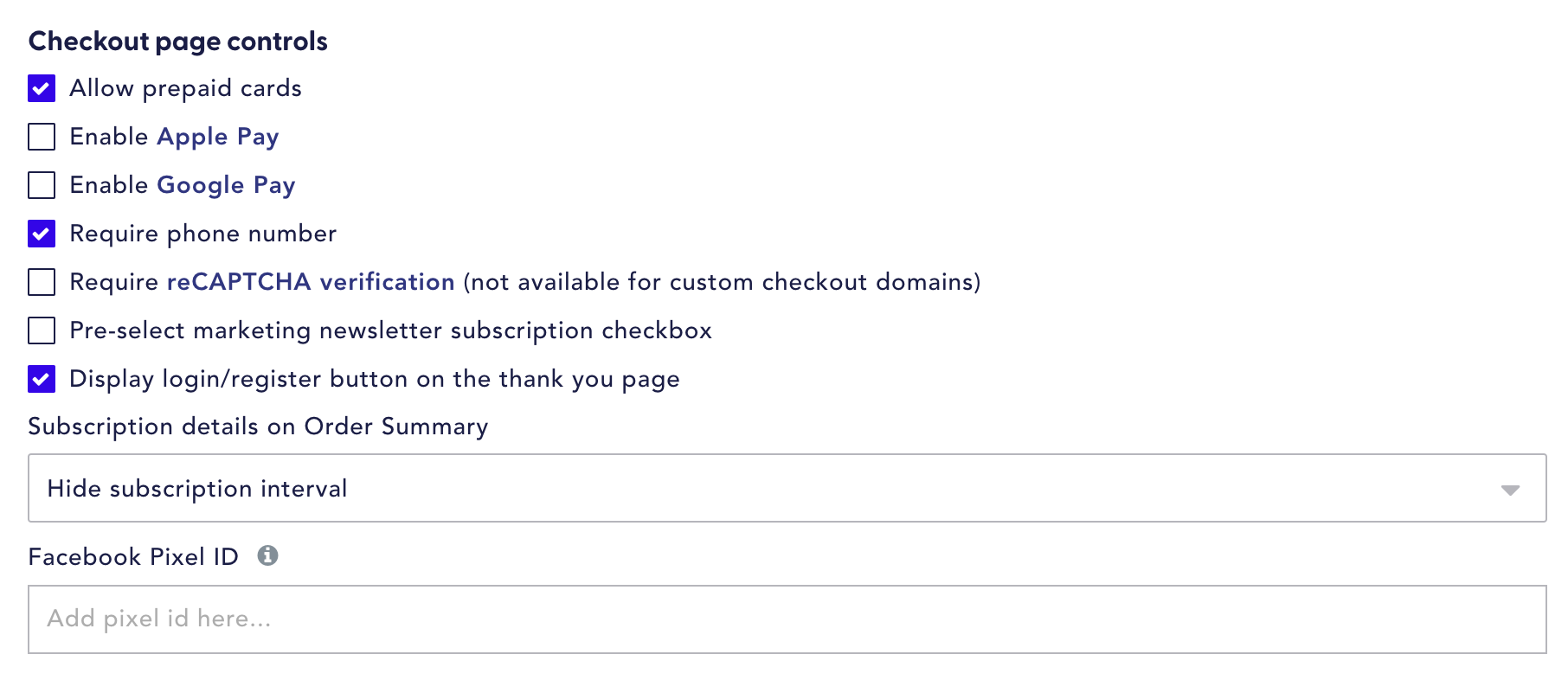 checkout page controls in Recharge