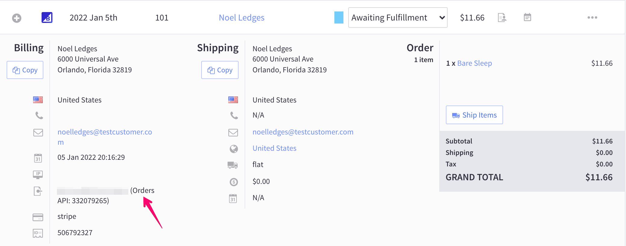 order showing orders api on bigcommerce admin