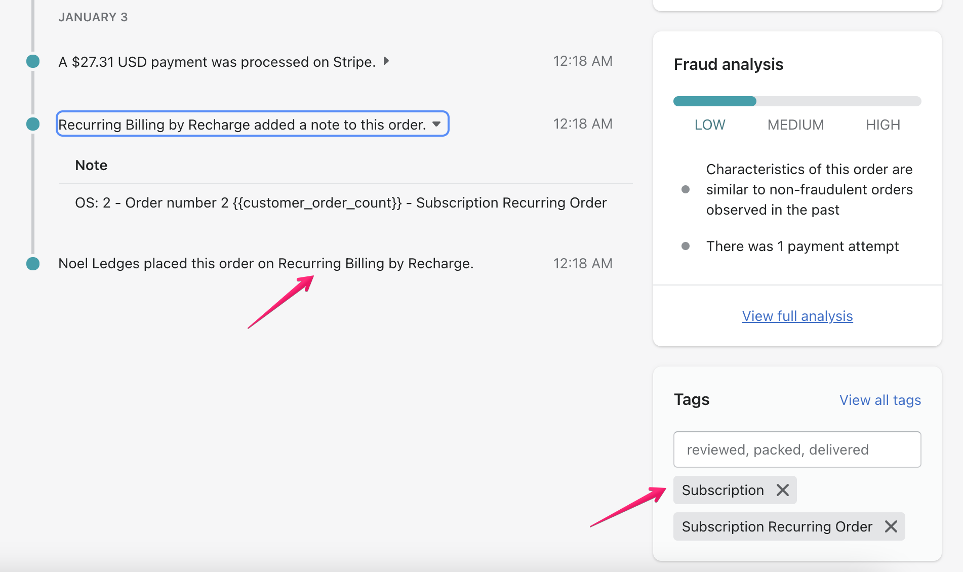 order on shopify showing created by Recharge and tagged subscription